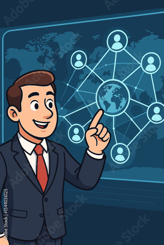 Businessman managing a global customer network on a futuristic digital touch screen. International business, CRM, communication technology, and data visualization concept. Vector.