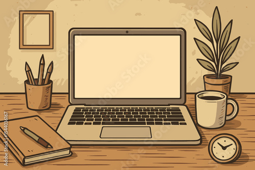 Vintage home office workspace illustration. Laptop with blank screen on wooden desk, coffee cup, notebook, clock, plant, pens. Cozy productivity, remote work, cartoon vector, minimal retro style