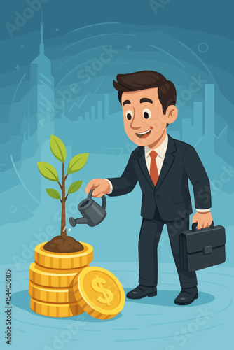 Businessman watering money tree growing from a stack of gold coins. Financial growth, investment and savings concept. Business success metaphor. Cartoon investor nurturing capital for profit.
