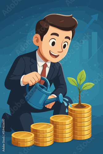 Financial growth concept with a businessman watering a plant on a coin stack. A metaphor for investment, savings, profit, and nurturing a startup. Business vector illustration.