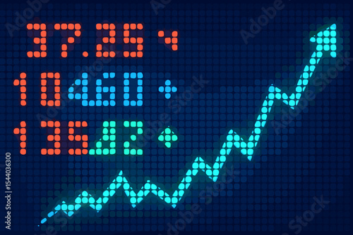 LED stock market ticker display with glowing numbers, rising arrow line graph, finance trading data, investment growth, digital electronic screen, blue background, financial analysis concept