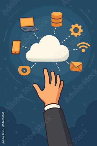 Businessman hand reaching for cloud computing technology services. Digital network concept with icons for data storage, server, internet, and mobile connectivity. Vector illustration.