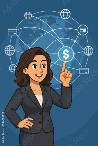 Businesswoman touching a virtual interface with a global payment network. Fintech concept for international finance, online banking, and digital money transfers. Vector cartoon illustration.