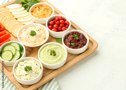 Wallpaper Mural Miniature bowls of dips and spreads on wooden charcuterie board Torontodigital.ca