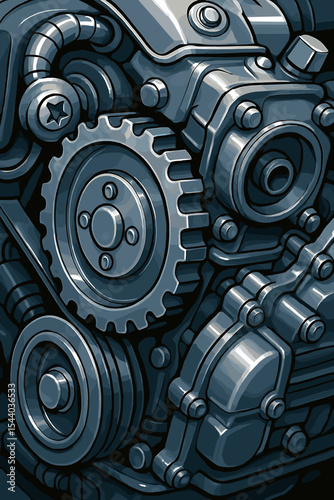 Complex car engine mechanism vector background. Intricate industrial machinery with shiny metal gears, bolts, and pulley system. Automotive power, engineering, and technology.