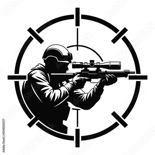 Sniper silhouette in crosshairs isolated on white background