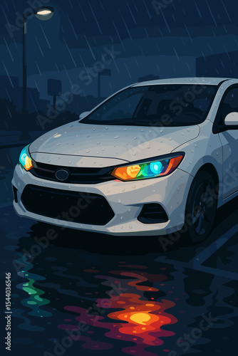 Modern car with colorful glowing headlights parked on a rainy city street at night. Vector illustration of a vehicle with rainbow light reflection on the wet asphalt surface.
