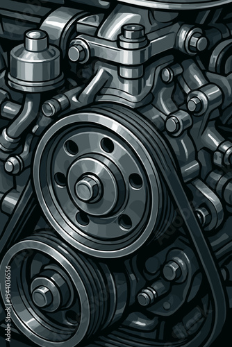 Detailed close-up of a car engine with shiny metal pulleys and belt. Monochrome vector illustration. Concept for automotive power, technology, repair service, and industrial machinery.
