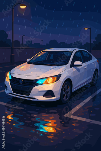 Atmospheric vector illustration of a modern car in a parking lot on a rainy night. Colorful headlight reflections on wet asphalt under streetlights. Urban cityscape scene.