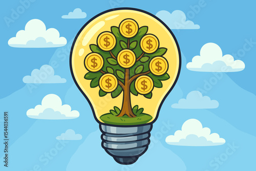 Creative financial growth concept. Money tree with gold coin leaves inside light bulb, symbolizing investment, wealth, business ideas, innovation, prosperity, economic success. Blue sky cartoon vector