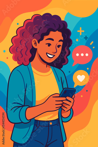 Happy young woman using smartphone for social media communication. Girl chatting online, sending messages, getting a like with a heart icon. Modern digital lifestyle vector concept.