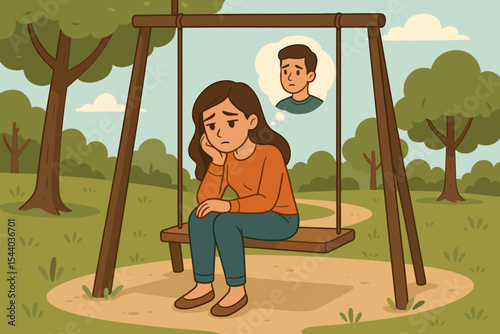 Sad lonely woman sitting on park swing missing boyfriend, relationship breakup, longing and heartbreak, emotional sadness, depression, lost love, separation, cartoon vector illustration outdoor