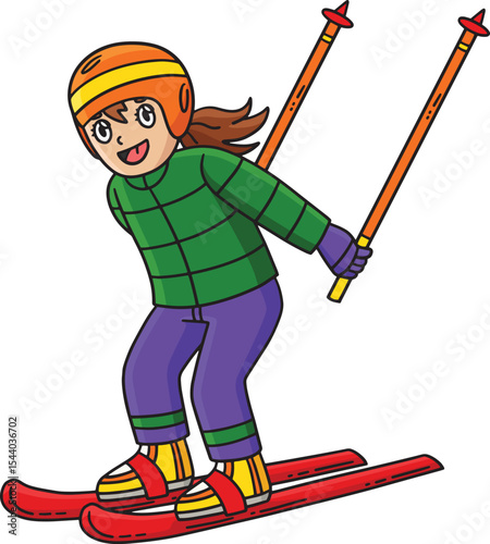 Skiing Girl Gliding with Skiboards Cartoon Clipart