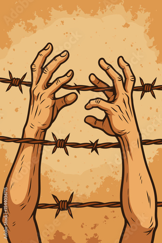 Hands on barbed wire symbolizing prison, confinement, and the struggle for freedom. Concept of refugee crisis, border issues, human rights, and hope. Vector illustration cartoon.