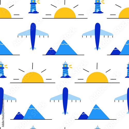 Travel seamless pattern with airplane, sun, mountains and lighthouse. Trip to the sea.