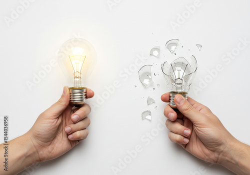 Hands holding lit and broken light bulbs