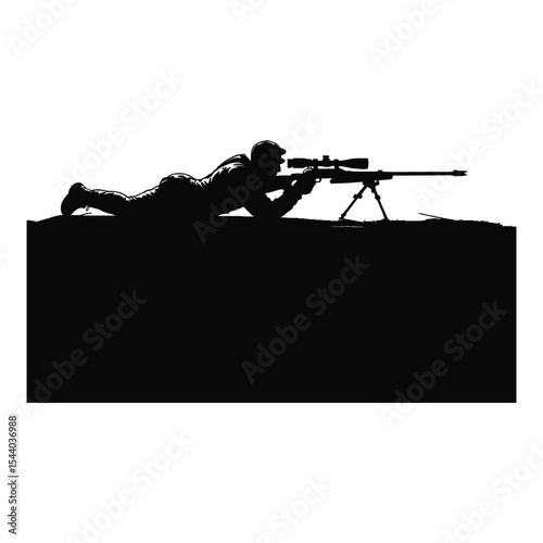 Sniper silhouette aiming rifle isolated on white background
