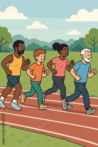 Diverse group of people running on an outdoor track. Multi-ethnic and multi-generational family exercising together. Concept of healthy active lifestyle, fitness, wellness, and sport.