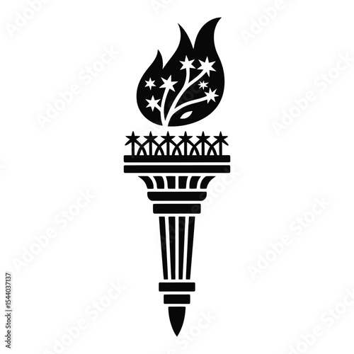 Liberty torch silhouette with stars isolated on white background