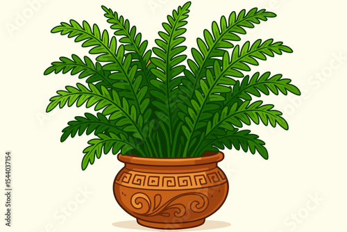 Vibrant Lush Green Fern Plant in Ornate Decorative Ceramic Pot, Vector Cartoon Illustration, Houseplant Foliage, Indoor Botanical Design for Home Decor, Isolated on White Background