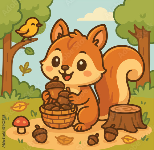 Cute squirrel enjoying acorn cartoon vector icon illustration animal food icon isolated flat