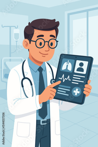 Doctor with tablet showing patient medical record with lung scan and ECG. Healthcare technology concept for telemedicine, e-health, online diagnosis and modern hospital clinic.