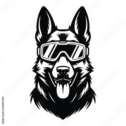 German shepherd dog with goggles silhouette isolated on white background