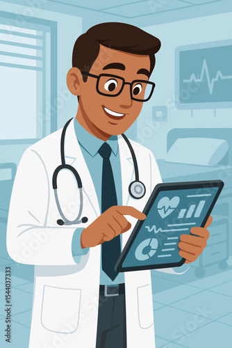 Male doctor analyzing patient data on a digital tablet in a hospital clinic. Concept of modern healthcare technology, electronic health records (EHR), e-health, and telemedicine. Vector.