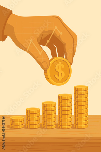 Finance growth concept with hand stacking golden dollar coins. Investment savings success. Double exposure with rising stock market graph. Business profit and wealth metaphor. Vector.