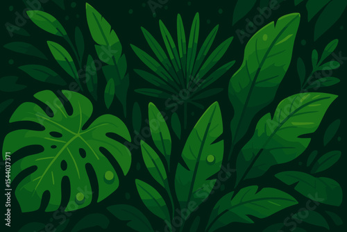 Vibrant Green Tropical Jungle Foliage with Dew Drops. Cartoon Vector Illustration of Exotic Palm, Monstera, Banana Leaves. Lush Dense Rainforest Pattern on Dark Background. Nature Plant Design