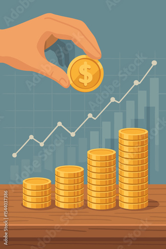 Hand putting dollar coin on a growing stack. Concept of investment, savings, and financial success. Business profit and income growth cartoon vector illustration with a graph chart.