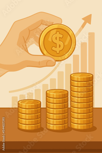 Hand putting golden dollar coin on growing stack. Financial growth and investment concept. Business success, profit and income increase. Economy, savings and wealth accumulation vector.