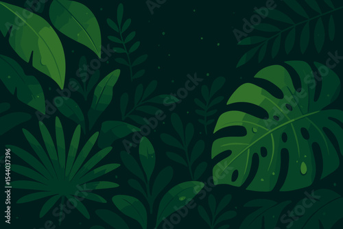 Lush tropical jungle foliage background with vibrant green leaves, monstera, palm, water droplets, exotic rainforest plants, dense vegetation, cartoon vector nature illustration, no text