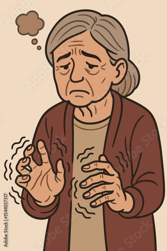 Sad elderly woman with Parkinson's disease or essential tremor symptoms. Shaking hands, confusion, and memory loss. Concept for dementia, Alzheimer's, and senior mental health. Vector.