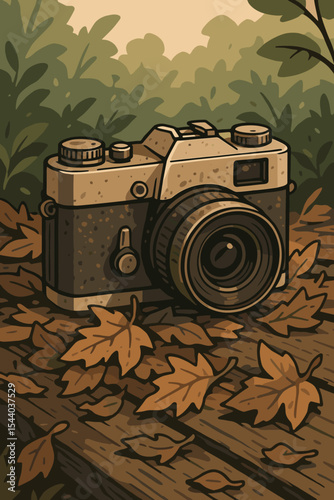 Old retro film camera on a wooden bench in an autumn park. Nostalgic analog photography concept with dry fallen leaves. Vintage hobby and travel equipment vector illustration.