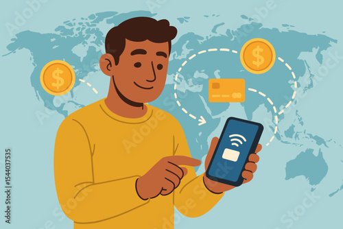 Young man using smartphone for contactless mobile payments, digital banking, online money transfer, international finance, wireless transaction, global currency exchange, fintech technology concept