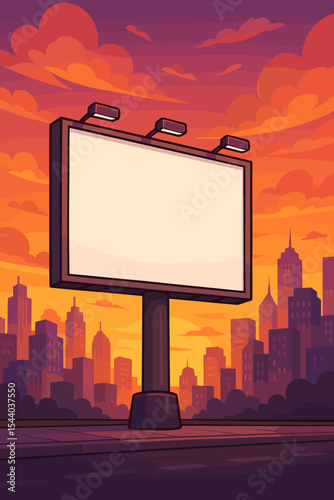 Empty billboard mockup with blank copy space for advertising. Cityscape background with an urban skyline at sunset. Outdoor advertising sign on a city street. Vector cartoon illustration.