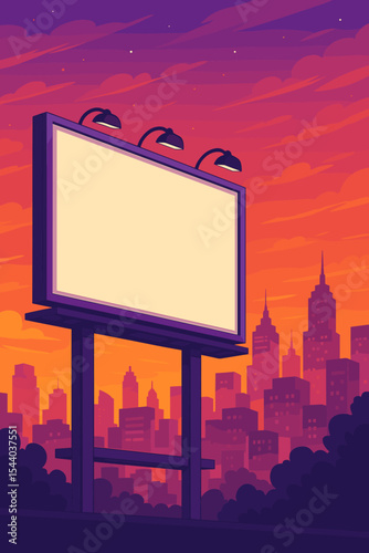 Empty billboard mockup template for advertising on a city skyline background at sunset. Vector cartoon illustration of a blank sign for marketing promotion and commercial message.
