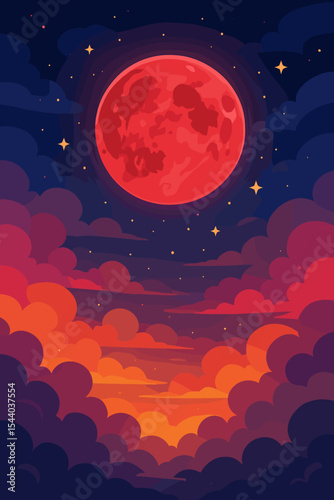 Mystical red blood moon in a magical night sky with colorful clouds and stars. Vector cartoon illustration of a fantasy nightscape. Glowing full moon, celestial lunar concept.