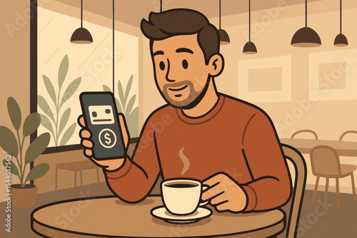 Young man holding smartphone using mobile banking app while drinking coffee in modern cafe interior. Digital payment, fintech technology, online transactions, financial management. Vector illustration