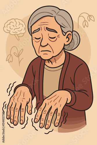 Elderly woman with Parkinson's disease showing tremor symptoms in hands. Concept for neurological disorder, Alzheimer's, dementia, and mental health. Senior care vector illustration.