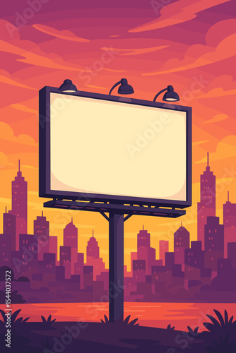 Blank advertising billboard with copy space for marketing against a city skyline at sunset. Empty outdoor sign for commercial ads. Urban landscape vector cartoon illustration.