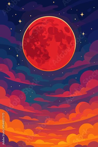 Vector cartoon illustration of a large crimson blood moon in a fantasy night sky. Colorful sunset clouds and stars create a magical, mystical cosmic background. Full lunar eclipse concept.