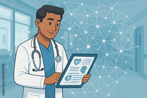 Doctor in hospital analyzing digital health report on tablet with stethoscope, medical technology network, data analytics, healthcare innovation, patient information, vector illustration