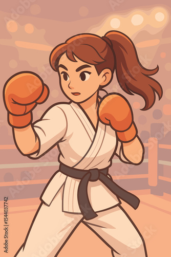 Young female martial artist in a gi and boxing gloves training for a fight. Strong woman kickboxer or MMA fighter in a ring. Karate girl in combat stance. Vector cartoon illustration.