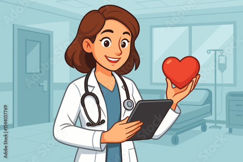 Female doctor with stethoscope holding red heart model and digital tablet in hospital room. Healthcare professional cartoon illustration. Medical care, cardiology, technology, modern clinic concept