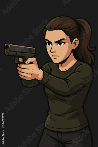 Woman with gun aiming pistol forward. Female secret agent or spy cartoon character. Vector illustration of a police officer, shooter, or soldier. Action hero concept, self defense.