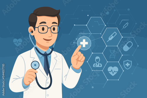 Medical doctor holding stethoscope interacting with digital healthcare network, futuristic medical technology concept, cartoon vector illustration with health icons, telemedicine, clinical innovation
