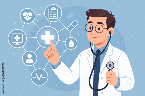 Medical doctor with stethoscope interacting with digital healthcare network icons. Modern technology in medicine, telemedicine interface, diagnostics, electronic health records vector illustration