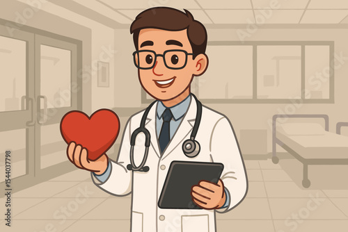 Cartoon doctor in hospital holding red heart symbol, digital tablet, stethoscope. Healthcare professional illustration. Medical care, cardiology, digital health concept. Vector background